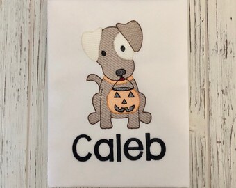Personalized Halloween Pup Shirt – Embroidered Pumpkin Tee for Boys