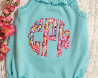 Appliqué Monogram Baby Bubble Outfit - Scallop Ruffle