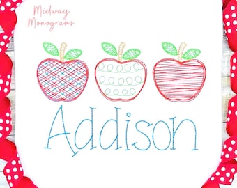 Personalized Girls Back To School Shirt: Apple Sketch Embroidery