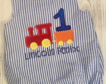 Personalized Seersucker First Birthday Romper: Train Applique