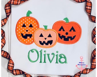 Kids Halloween Shirt: Jack O' Lantern Trio Appliqué, Personalized