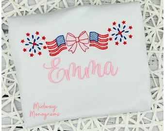 Girls Personalized Fourth of July Shirt – Flags and Fireworks