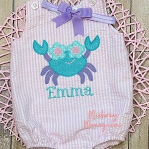 Girls Seersucker Romper: Applique Crab, Personalized Baby Bubble