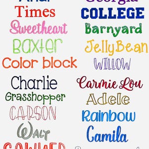 May include: A white background with a colourful list of names, including Arial, Times, Sweetheart, Baxter, Color block, Charlie, Grasshopper, CARSON, WALT, SAWYER, Georgia, COLLEGE, Barnyard, Jelly Bean, WILLOW, Carmie Lou, Adele, Rainbow, Camila, Savannah.