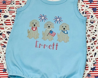 Boys Patriotic Romper – Fireworks and Pups 4th of July Shirt