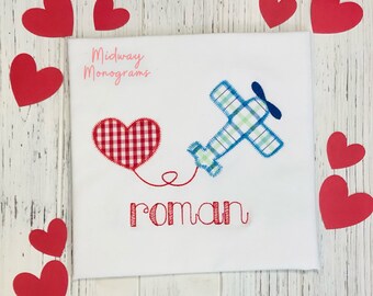 Boys Valentine’s Day Shirt - Airplane Pulling Heart - Appliqué Valentine Shirt For Boys - Personalized Valentine Shirt