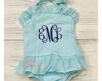 Girls Monogrammed Swimsuit - Toddler Girls Swimsuit - Gingham One Piece Swimsuit - Personalized Ruffle Swimsuit Size 12M-4T