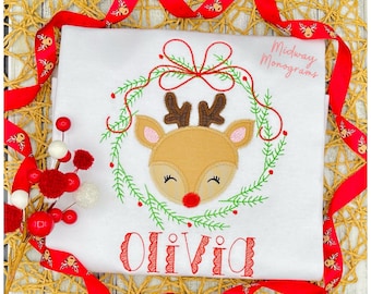 Personalized Girls Christmas Shirt: Appliqué Reindeer