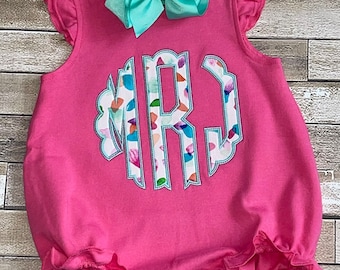 Girls Applique Monogram Bubble Outfit – Watercolor Floral, Baby Clothing