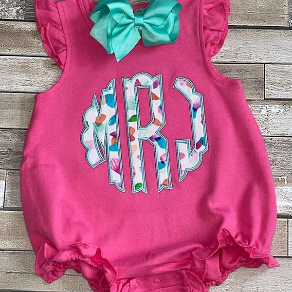 Girls Monogram Bubble Outfit - Appliqué Scallop Monogram Outfit - Appliqué Watercolor Flower Pedal Monogram - Baby Girl Clothing