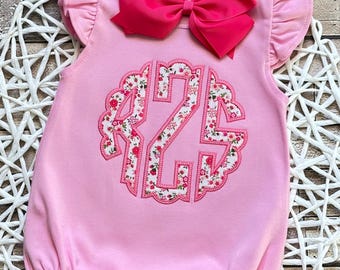 Floral Applique Monogram Bubble Outfit: Baby Girl Clothing