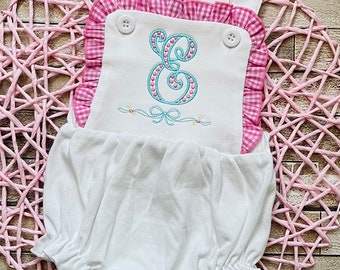 Monogrammed Baby Girl Bubble Sunsuit – Pink Gingham Ruffle Trim