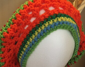 Handmade Unisex Knit Crochet Beret Hat Teen Adult OS Green Orange Chevron Boho Rainbow Beret Slouchy Tam Green Yellow Blue Green  main image 4