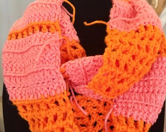 Infinity Scarf Coral Orange Pink Spring Summer Scarf Casual or Dressy Crocheted One-Of-A-Kind READY TO SHIP Great Gift Co-Worker Gift