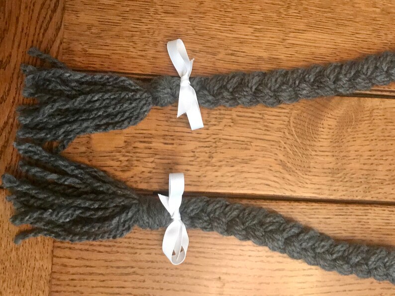 Hat with Braids Crocheted Navy White Gray Ribbons Pom Poms Adult Teen Large XL Gift One-Of-A-Kind Soft Ready To Ship