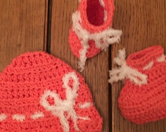 Baby Hat and Booties Set Orange 100% COTTON Spring Summer Baby Fuzzy White Newborn READY to SHIP Crocheted One-Of-A-Kind Shower Gift Girl