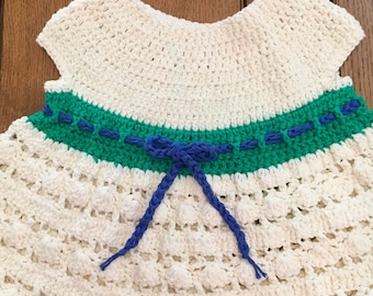 Off White Baby Girl Cotton Summer Dress 18-24 months Green Blue Flower Headband Crocheted One-Of-A-Kind Ready To Ship Gift