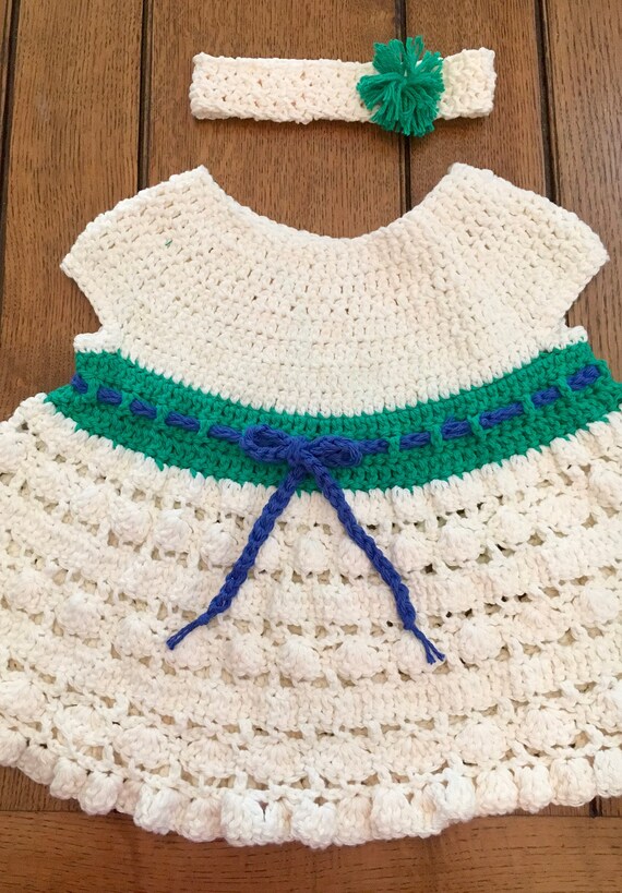 Off White Baby Girl Cotton Summer Dress 18-24 Months Green Blue Flower Headband Crocheted One-of-a-Kind Ready to Ship Gift