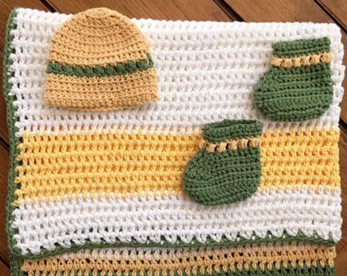 ALL COTTON Baby Blanket Hat Booties Set Boy Girl White Green Yellow One
