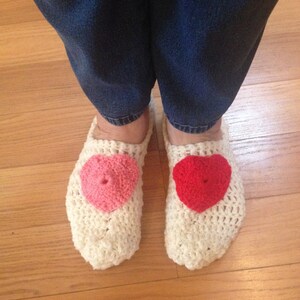 Heart Slippers White Red Pink Crocheted Woman&#39;s Size 8 to 9 Mother Grandma Gift Ready To Ship One-of-a-Kind Teen Adult