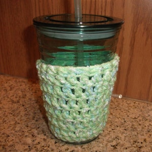 Lime Green Travel Mug Cozy Coffee Cozy Crocheted To-Go Cup Sleeve Water Bottle Sleeve Teachers Gift Can Holder READY TO SHIP Gift Blue White