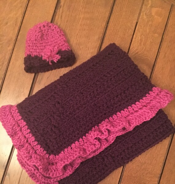 Purple Pink Baby Blanket Hat Set READY TO SHIP Crocheted Afghan Baby Shower New Baby Gift Girl Ruffle Newborn Flower Hat Thick