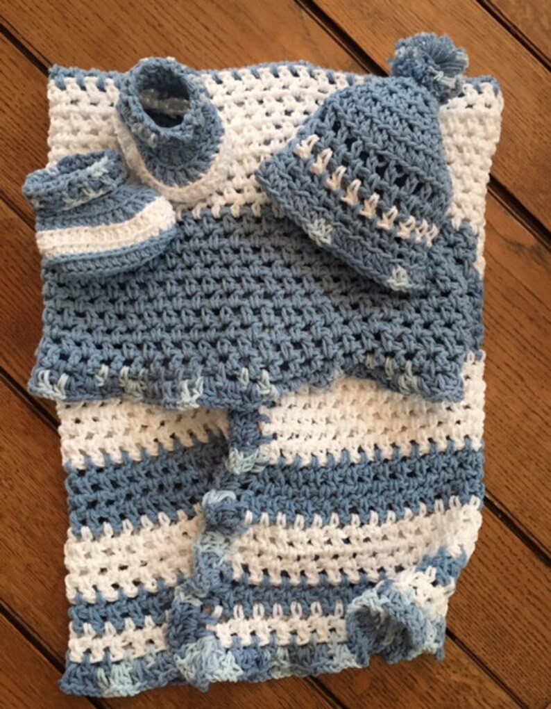 ALL COTTON Baby Blanket Hat Booties Set Boy Girl White Green Etsy