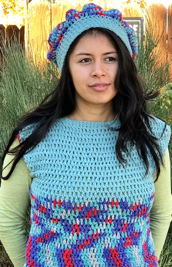 Blue Top Vest Matching Hat Crocheted Adult Green Red Year Round Small to Medium Sleeveless Woman's Teen Gift Day SOFT Ready To Ship Vest
