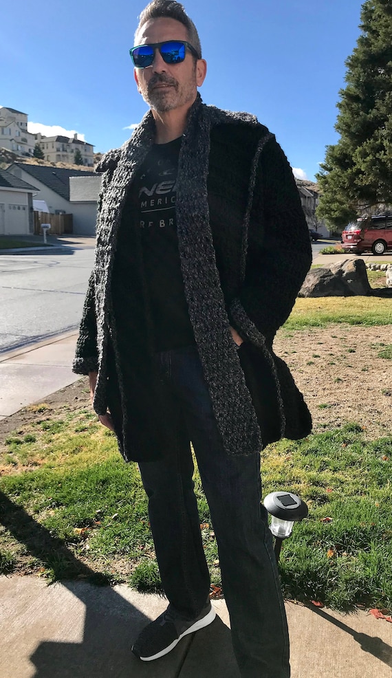 Men's Large Long Black Coat Jacket Free Shipping Gray Matching Scarf Crocheted Sweater READY To SHIP One-Of-A-Kind Women's Medium to XL