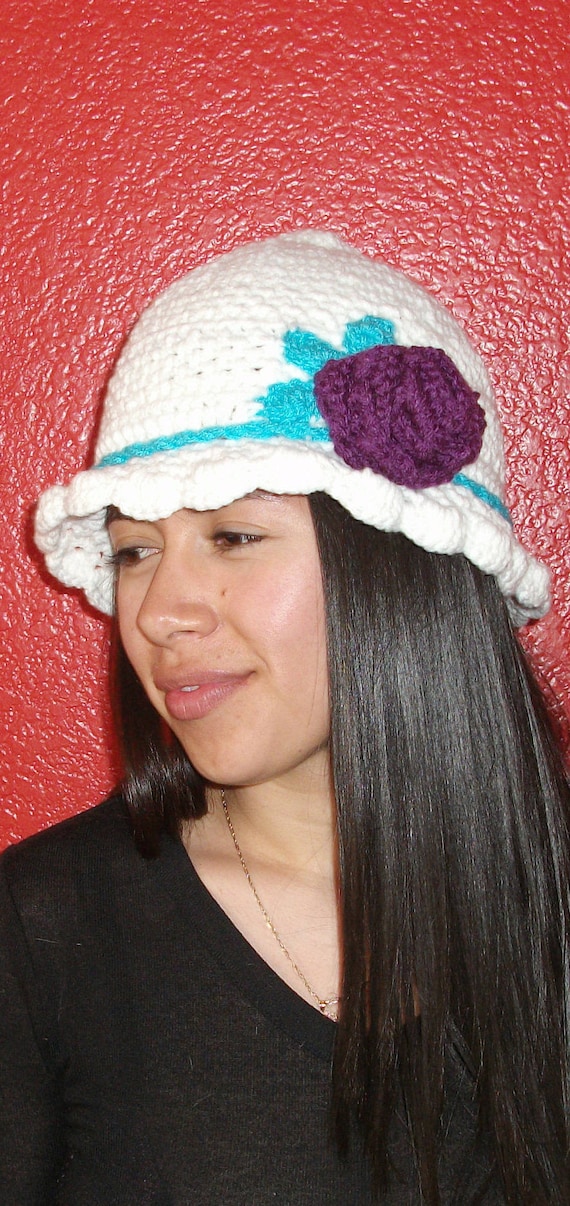 White Bucket Flower Hat Spring Purple Flower Crocheted Turquoise Stripe  Adult Teen One-Of-A-Kind  READY TO SHIP Smoke Free Home
