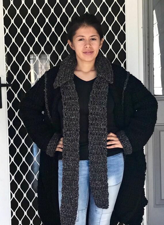 Long Black Coat Jacket Duster Gray Matching Scarf READY TO SHIP Crocheted Sweater Women's Med to Extra Large Men's Large Free Shipping