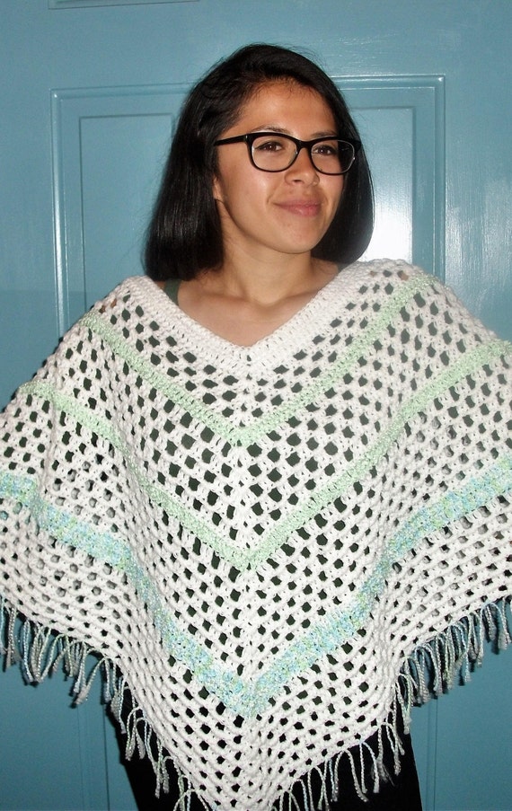 White Poncho Adult Crocheted Gift Teen Green Blue Stripes Open Etsy