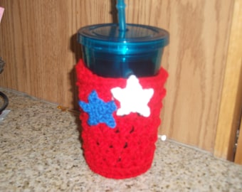 Red Coffee Sleeve White Blue Star To-Go Cup Cozy Travel Mug Can Cozy Water Bottle Teacher Gift Cozy Holder Crocheted READY TO SHIP Gift