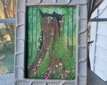 Mushroom Log Art Print: Forest Cottagecore Decor (5x7)