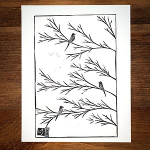 Original Tree branches Birds Linocut block art print Black