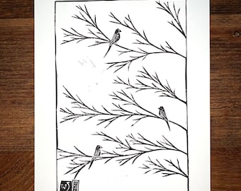 Original Tree branches Birds Linocut block art print Black