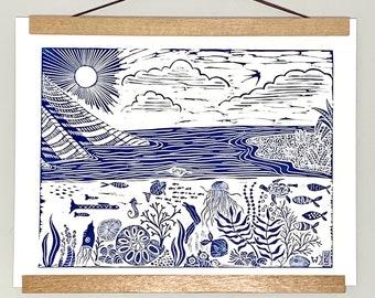 Original Sea life Scenic Linocut block Art Print