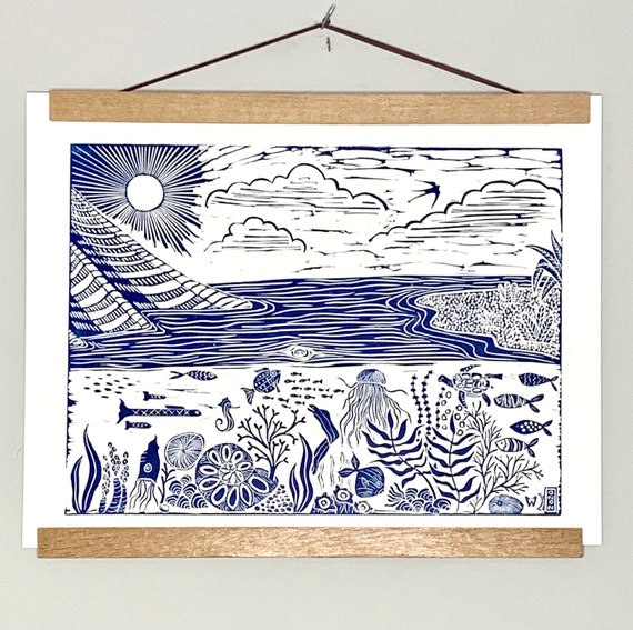 Original Sea Life Scenic Linocut Block Art Print 