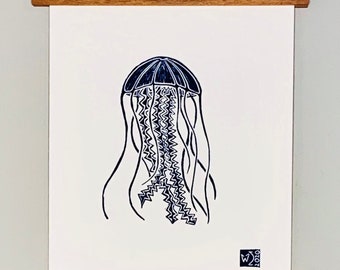 Original Jellyfish Sea life Linocut art block print