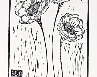 Original Poppy flowers Lino block print art