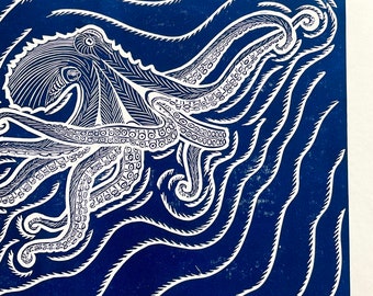 Original Octopus Sea Life Linocut block Art Print