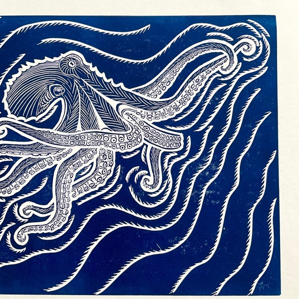 Original Octopus Sea Life Linocut block Art Print