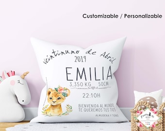 Leoncita birth cushion girl 40x40cm | Named cushion| Birth data| Decoration girl room| Pillow baby girl gift| Baby Jungle