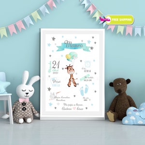 Lámina Decorativa Personalizada niño| Cuadro datos bebés| Cuadro nombre| Regalo nacimiento| Cuadro natalicio| Decoración habitación bebé.