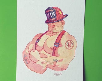 Gay Firefighter - Original watercolor painting