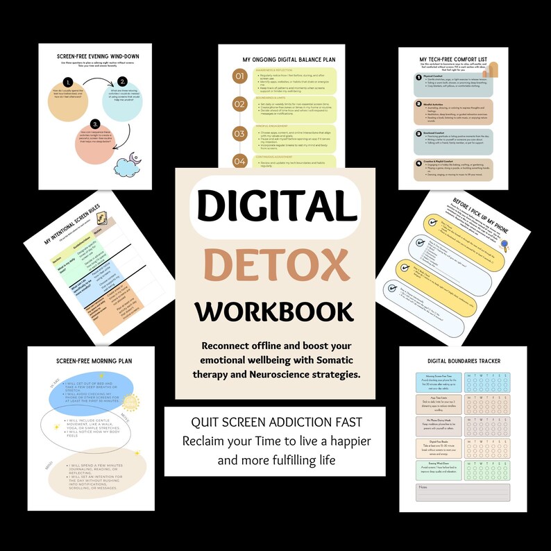 May include: A digital detox workbook with various worksheets and guides. The cover reads "Digital Detox Workbook" with the tagline "Reconnect offline and boost your emotional wellbeing." Additional pages include screen-free plans and digital boundaries trackers.