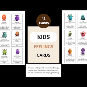 May include: A set of 42 "Kids Feelings Cards" with illustrations of cartoon monsters representing different emotions. The cards include text describing the feelings and physical sensations associated with each emotion. The set aims to help children identify and understand their feelings.