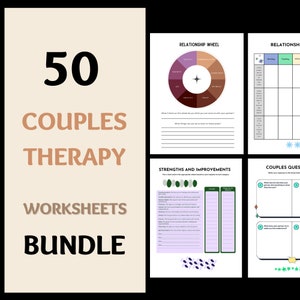 Bundel met 50 werkbladen voor koppeltherapie, formulieren voor relatietherapie, reageren versus reageren, werkboek voor koppelsinterventies en dagboeksjablonen