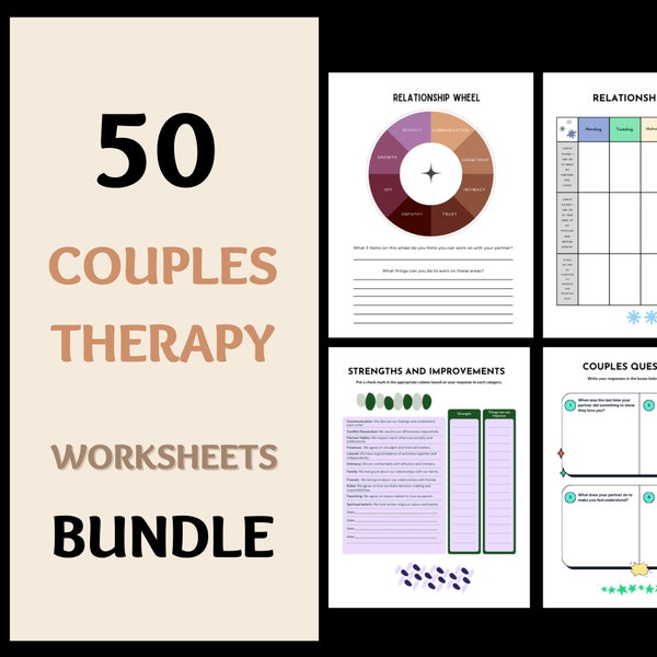 Lot de 50 feuilles de travail sur la thérapie de couple, formulaires de thérapie de couple, Réagir vs. répondre, cahiers d'exercices et modèles de journaux sur les interventions de couple