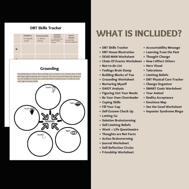 DBT-arbetsbladspaket, terapiarbetsblad, DBT-färdigheter, DBT-arbetsbok, terapiverktyg, utskrivbart handout för psykisk hälsa, terapeutresurser bild 2